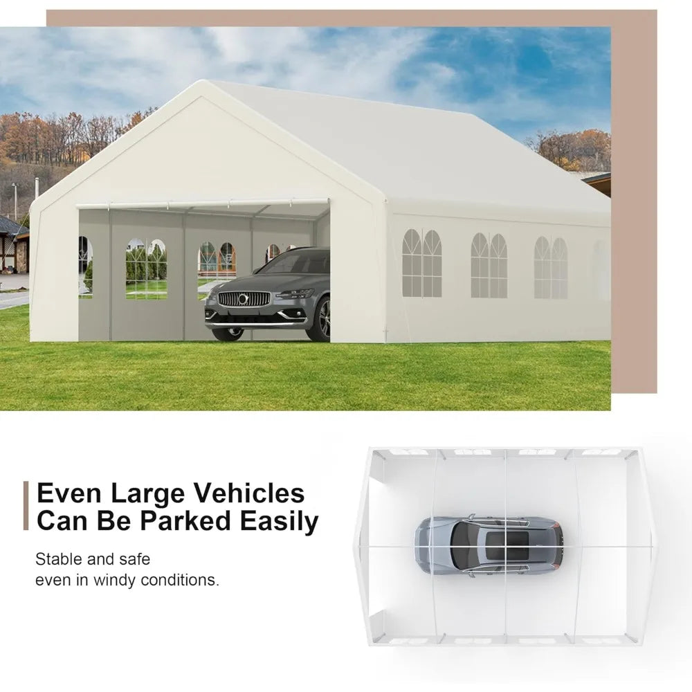 "20 ft x 26 ft durable carport with roll-up clear panels, reinforced party tent with detachable walls and doors"