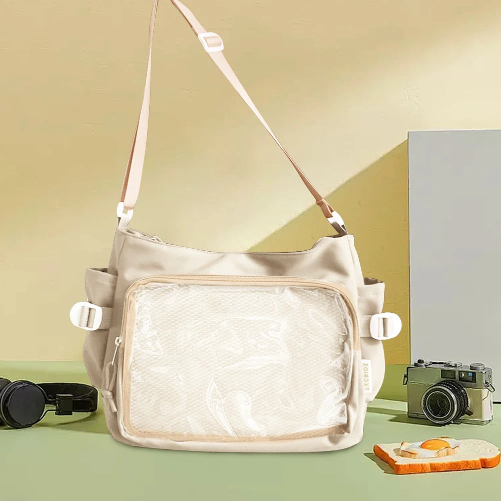 Women Shoulder Purse with Clear Window Teenagers School Bag Multi-pockets Adjustable Strap Chic Hobo Bag