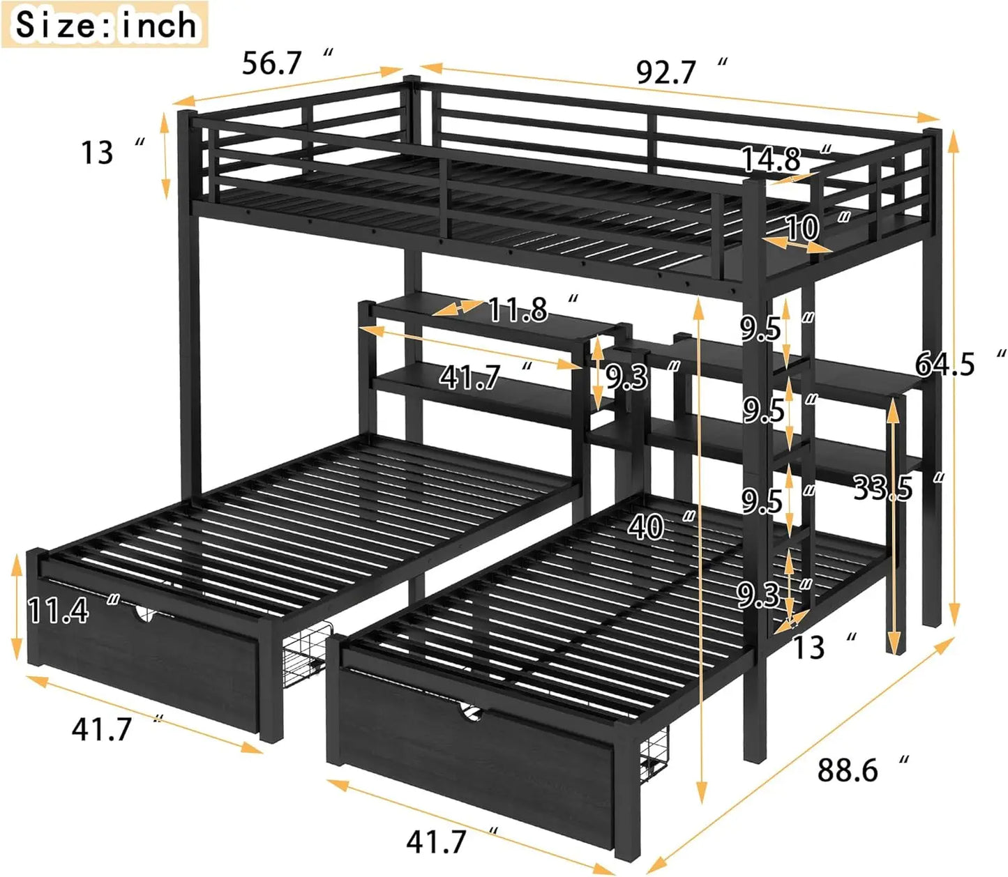 Sturdy Triple-Deck Bunk Bed with Storage, Shelves, and Charging Ports - Full XL Upper with Twin Beds Below