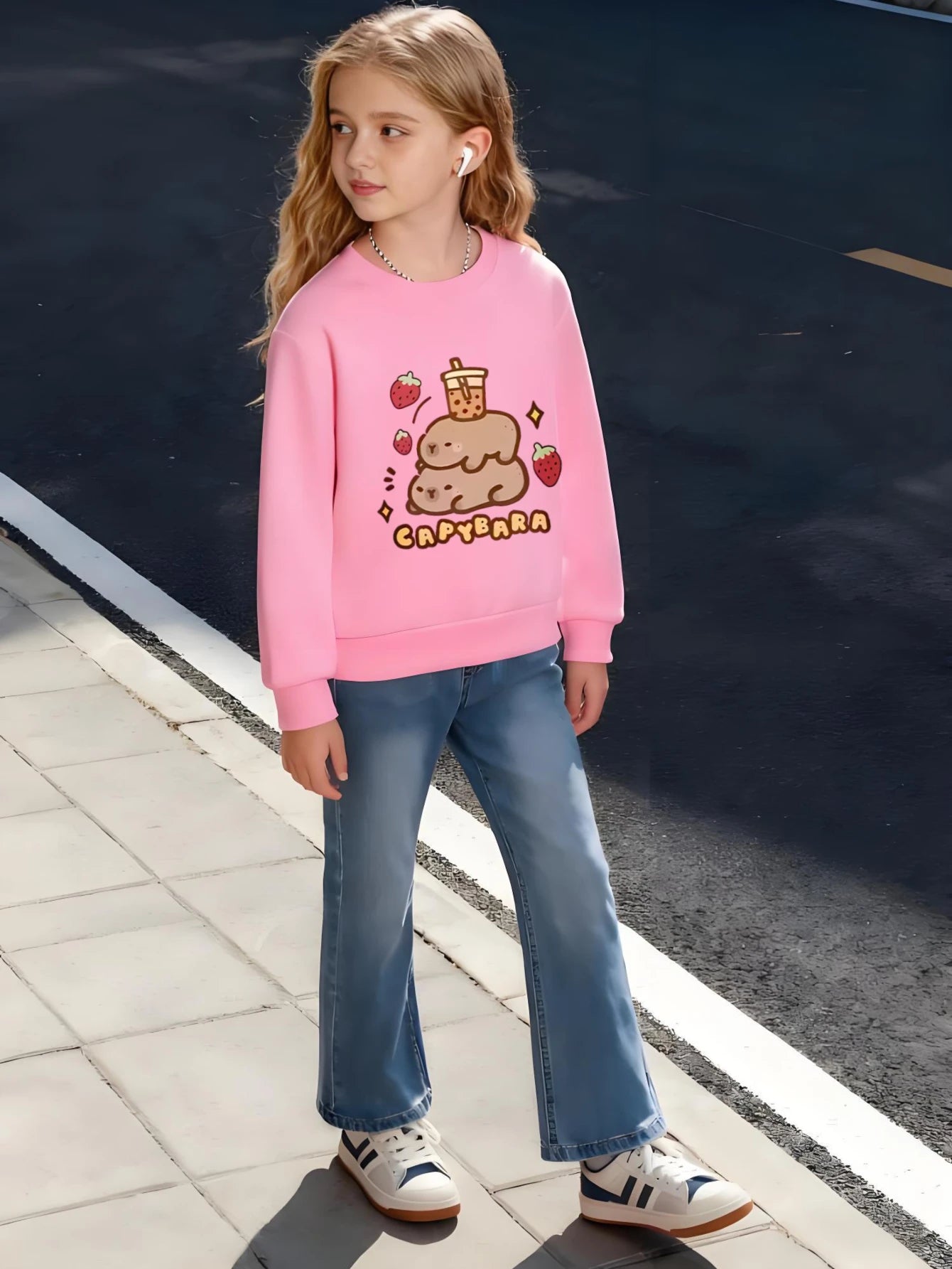 Kids / Children's Cotton Crew-neck Sweatshirt with CAPYBARA Boba Tea Stacked Animals for Boys and Girls Kawaii Style