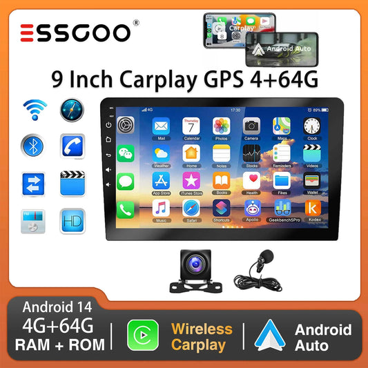 ESSGOO 9 Inch 2 DIN Car Stereo Radio Wireless Car-play Android Auto Car Stereo Bluetooth 64 G GPS Navigation RDS WiFi USB FM DAB+CAM
