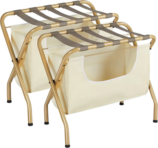 2 Pack Luggage Rack with Laundry Bag, Guest Room Folding Space Saving Suitcase Holder, Max 110LBS Baggage Shelf with Heavy