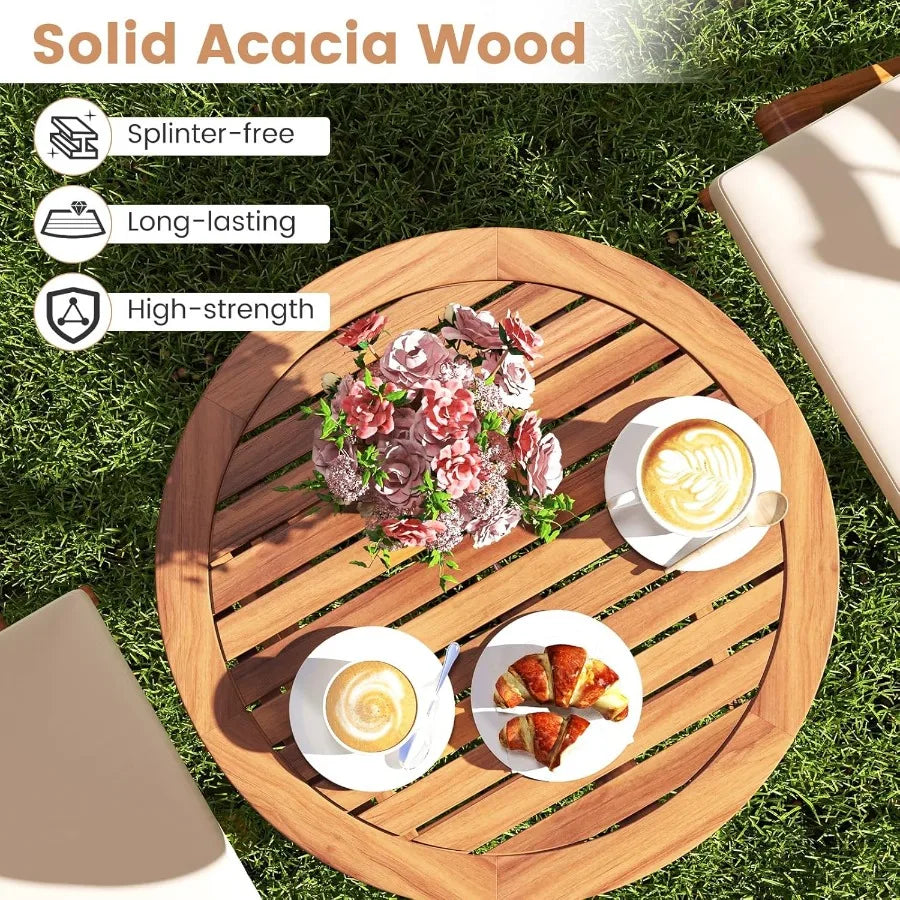 3 Pieces Acacia Wood Patio Bistro Set Folding Outdoor Table and Chairs Set with Cushions Outdoor Patio Furniture Set for Porch