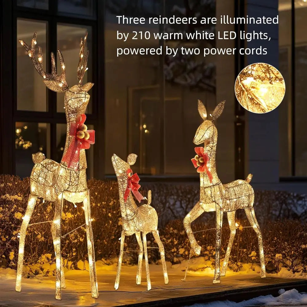 Illuminated 3 D Reindeer Family Christmas Decoration Set with 210 LED's, Outdoor Lawn Display with Stakes and Bows