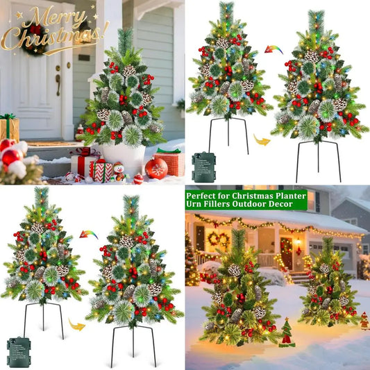 Battery-Powered Outdoor Christmas Tree Urn Fillers with 8 Lighting Modes, 40 Colorful LED Lights, Pinecone & Red Berry Decoratio