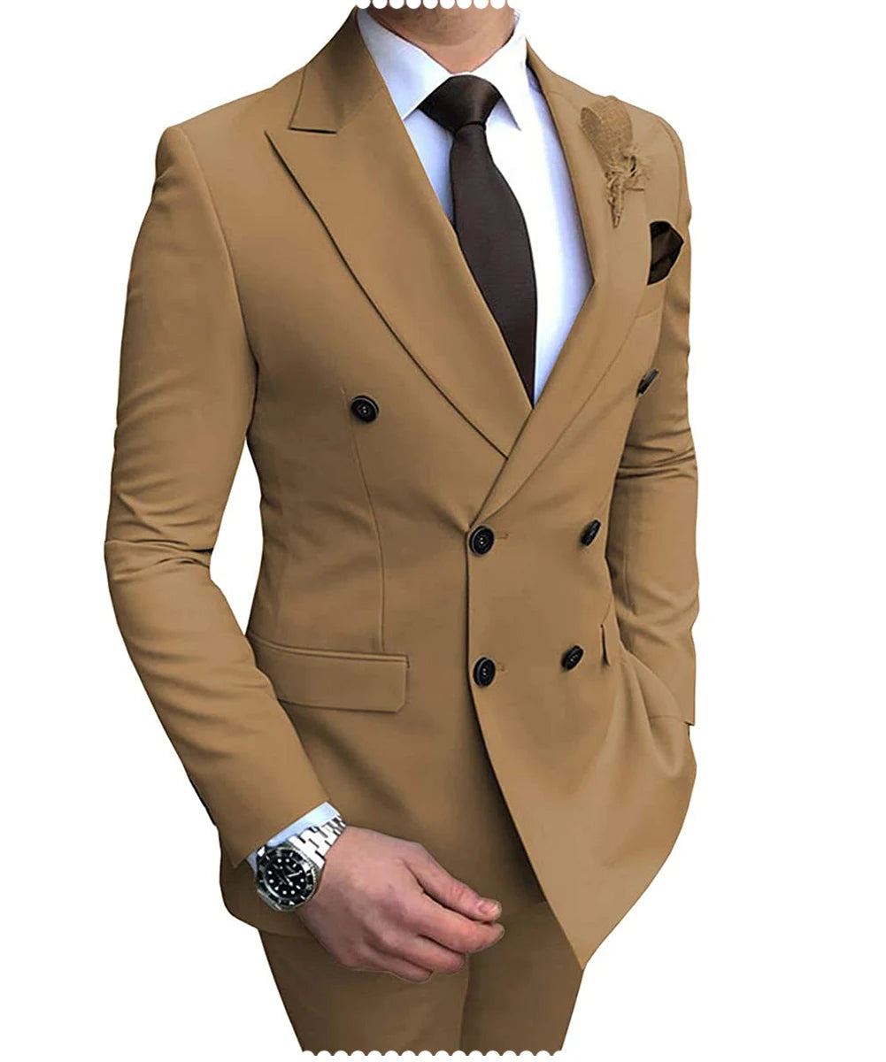 Elegant Men's Suits 2-Piece Set Double Breasted Jacket Business Casual Suit Coat Work Interview Coat (Blazer+Pants)
