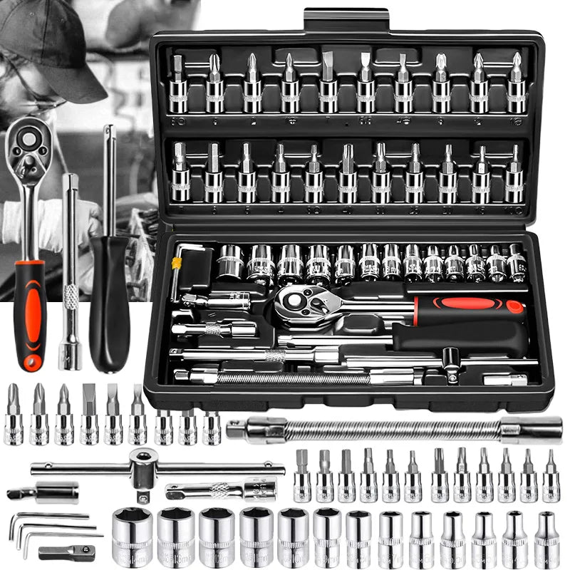 46 Piece set Drive Socket Set Ratchet Wrench Set Car Tool Kit, Bit Socket Wrench Set Metric Mechanic Tool Set Car accessories