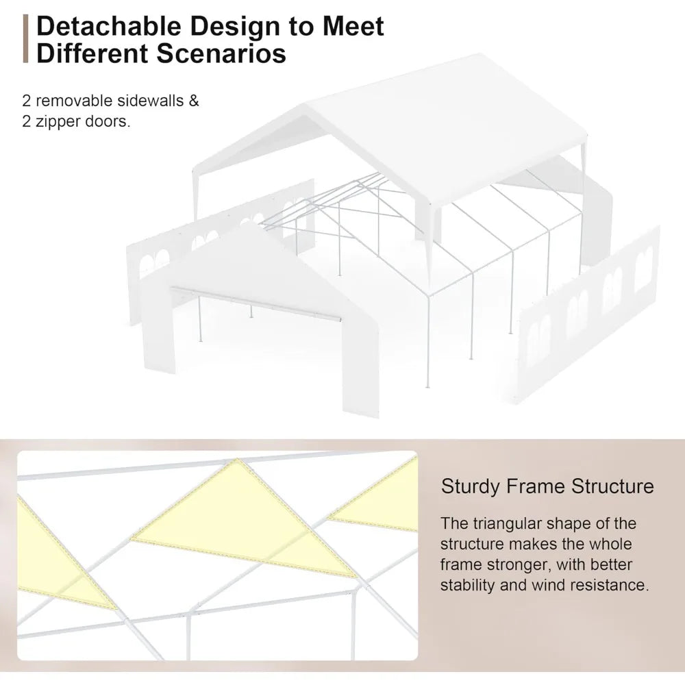 "20 ft x 26 ft durable carport with roll-up clear panels, reinforced party tent with detachable walls and doors"