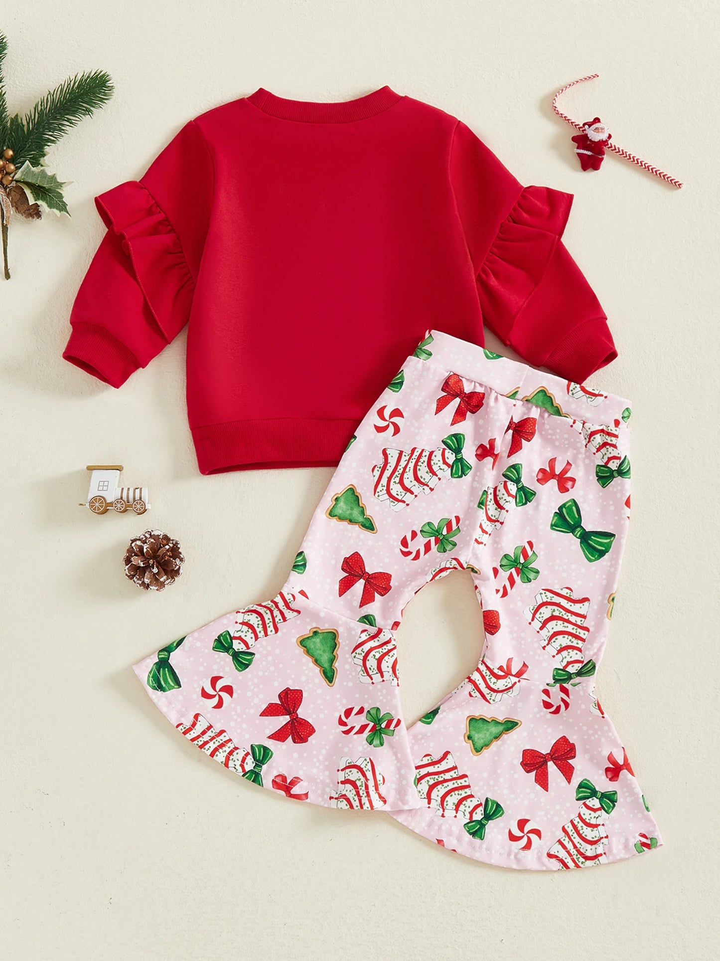 Cute Baby Girl Winter Clothes Set Long Sleeve Round Neck Sweater Elastic Waist Bow Print Flare Pants Outfit for Christmas