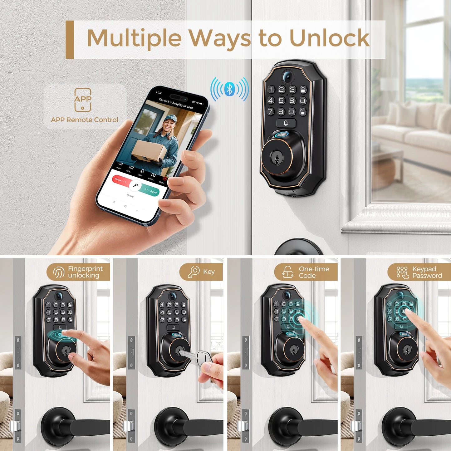 ARPHA Smart Door Lock D289L 2.4Ghz WiFi Smart Lock Multi-Function Unlocking Fingerprint Lock with Camera Built-in Doorbell  Lock