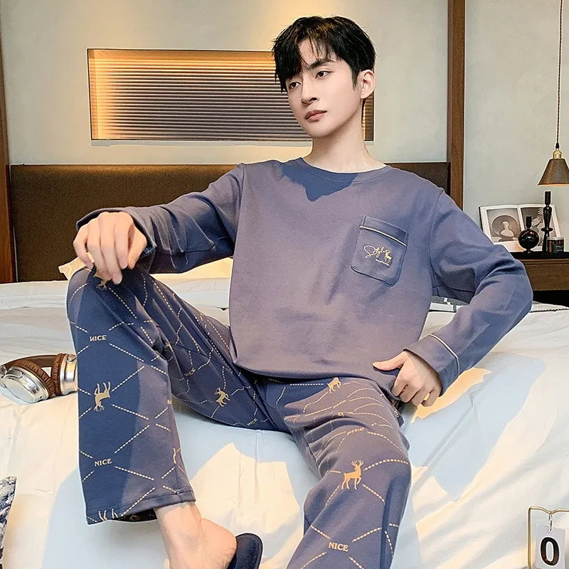 Men's Sleepwear Spring and Autumn Long Sleeve Student Cartoon Loose Edition Youth Plus Size Summer Thin Home Furnishing Set
