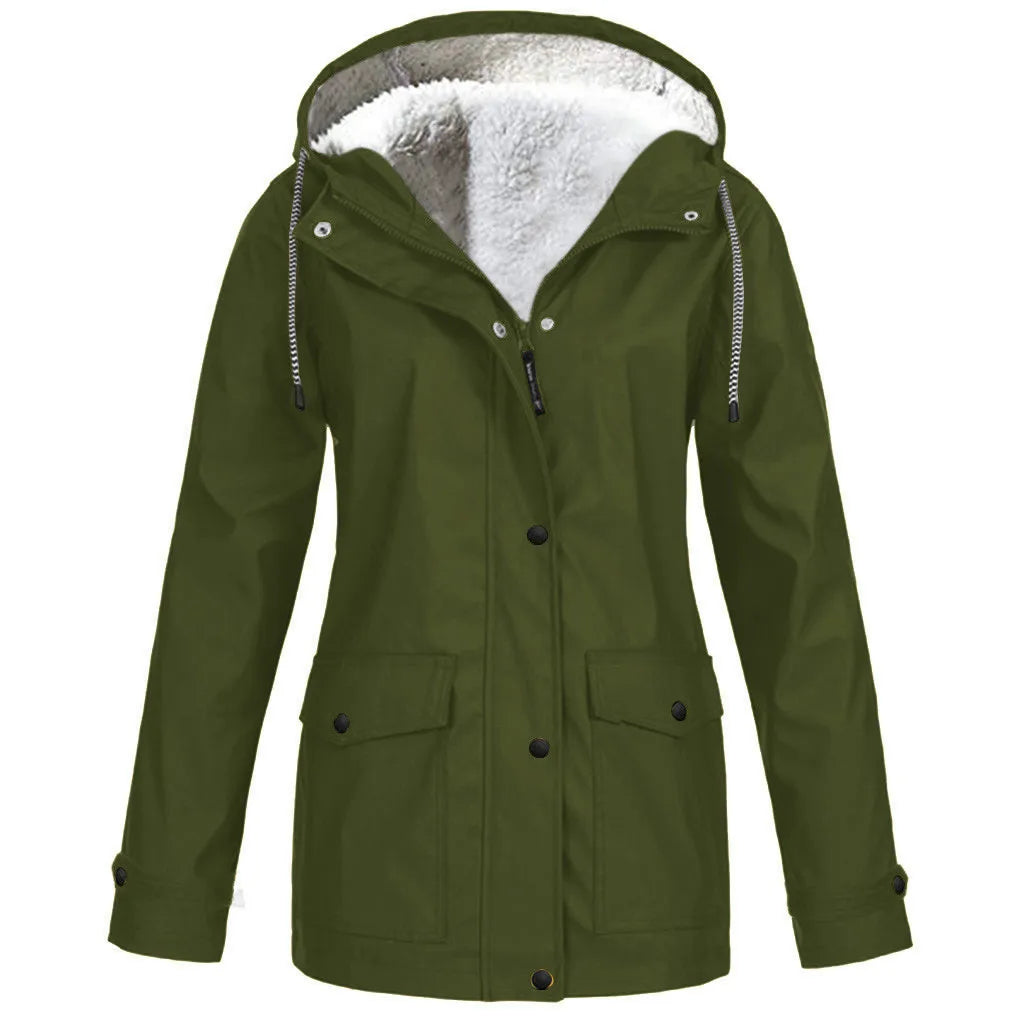 Women's Autumn Winter Plus Velvet Jacket Windproof Waterproof Hooded Coat Outdoor Sports Cloths For Climbing Cycling Fishing