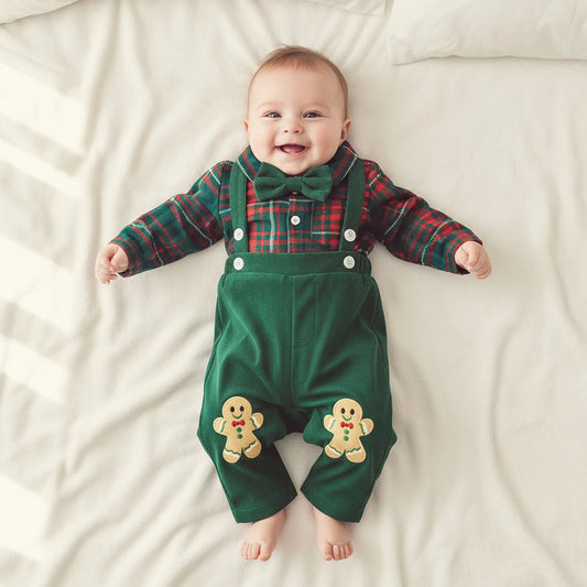Baby Boy Clothing Cute Christmas Long Sleeve Plaid Romper with Embroidery Overalls Clothes Set 2Pcs Outfits