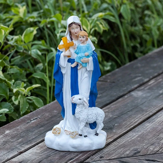 Statue Outdoor Decor Solar Light, Jesus Birth Figure Resin Statue, Solar Jesus Nativity holding child and sheep statue light
