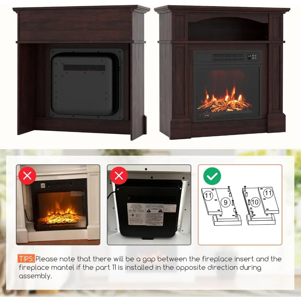 32 Electric Fireplace with Mantel, Freestanding Package Wooden Firebox Surround 18 Fireplace Insert Heater w/ 3 Flame Settings