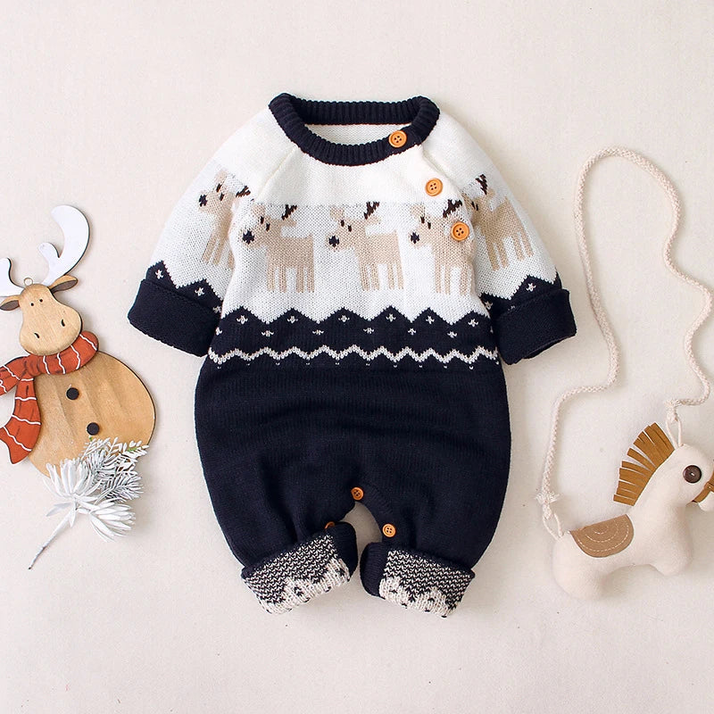 Baby Romper Clothes Winter Red Cartoon Milu Deer Knitted Newborn Infant Boy Girl Long Sleeve Jumpsuits Infant Christmas Outfits