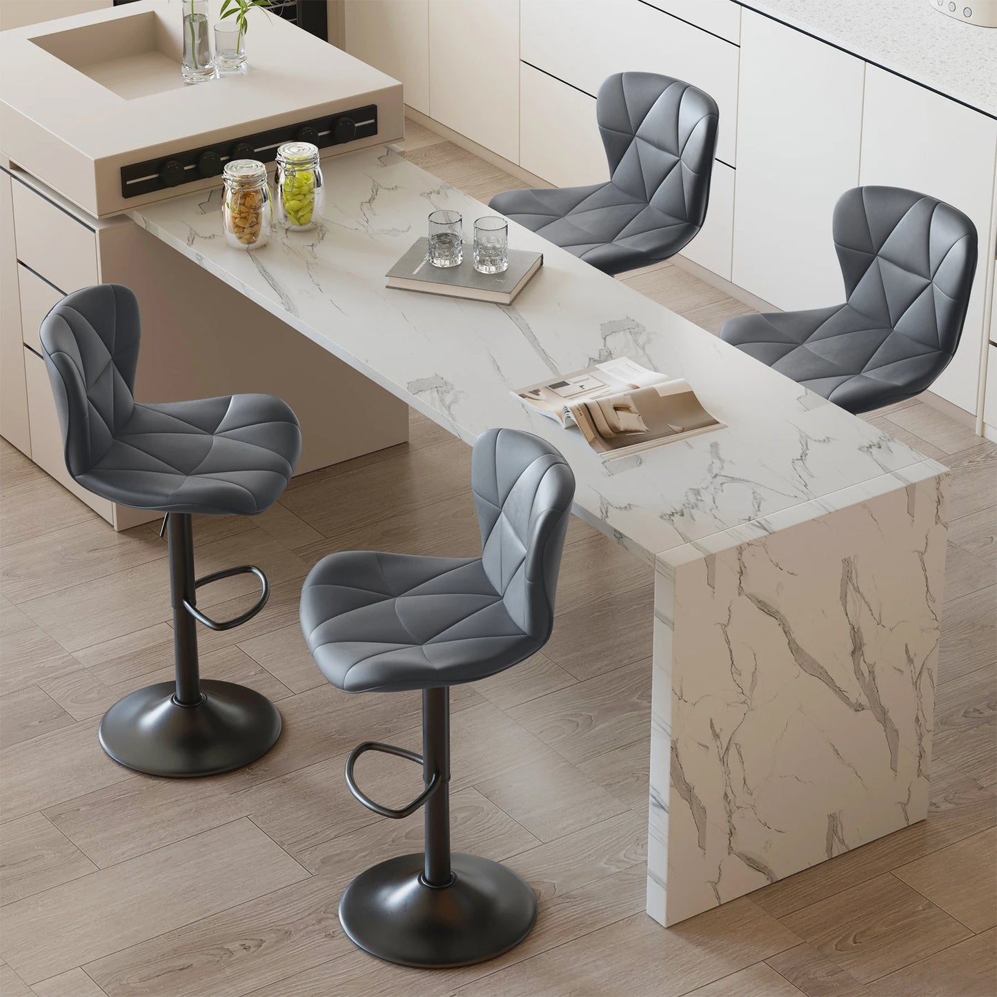 4 Piece Modern Bar Chair Set, Comfortable PU Leather, 360° Swivel Adjustable Height, Upholstered Kitchen Side Chair With Metal Legs