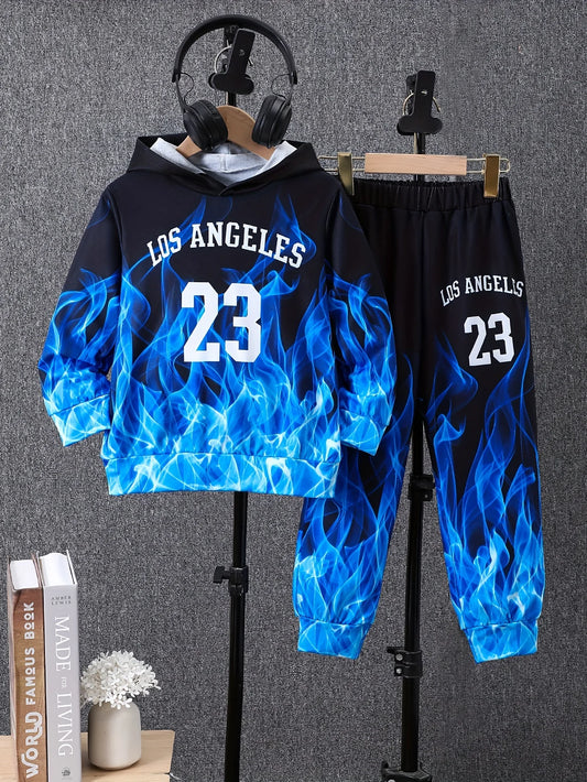 2-piece set of winter and autumn boys' hooded sweatshirt and pants outfit - cool children's sports outfit