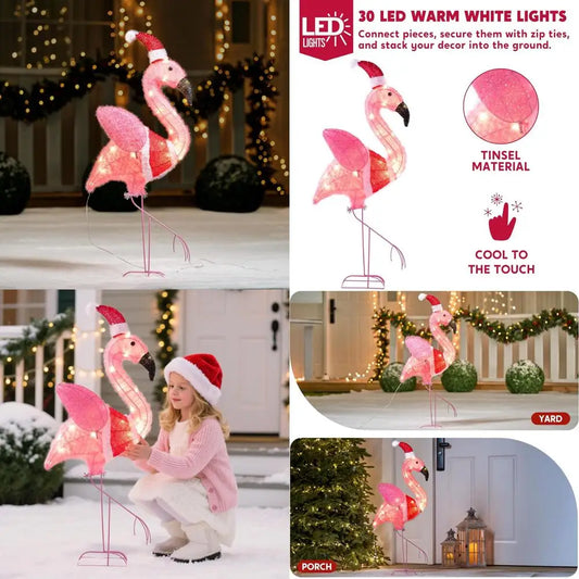 Glowing Outdoor Christmas Flamingo Decorations, 30 LED Warm White Lights for Holiday Yard, Lawn Ornaments with Metal Stakes