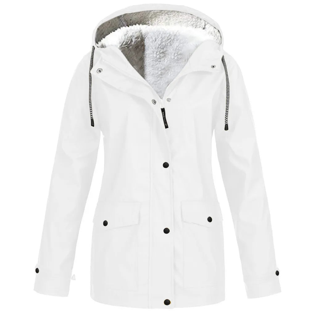 Women's Autumn Winter Plus Velvet Jacket Windproof Waterproof Hooded Coat Outdoor Sports Cloths For Climbing Cycling Fishing
