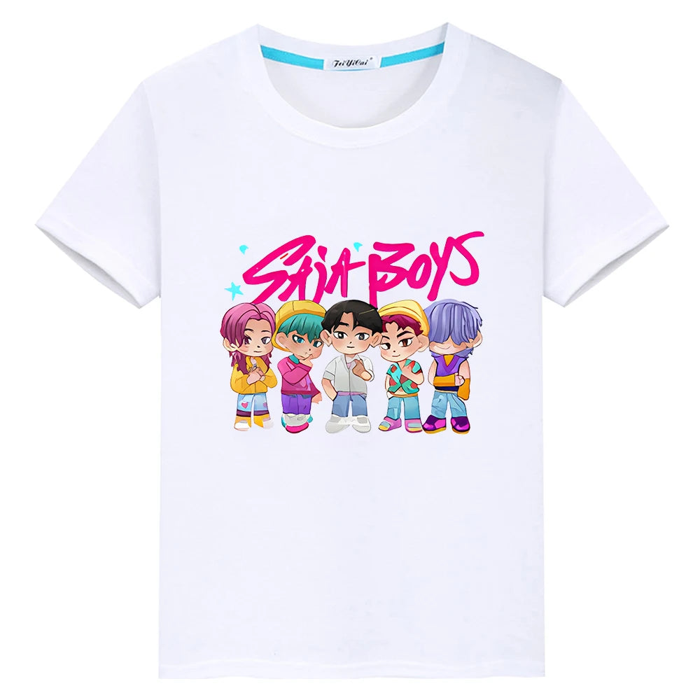 T shirt for kids boy 10 year Saja Boys Print Cute Tops Y 2 K k-pop demon hunters Kawaii Tees 100% Cotton anime Short girls clothes