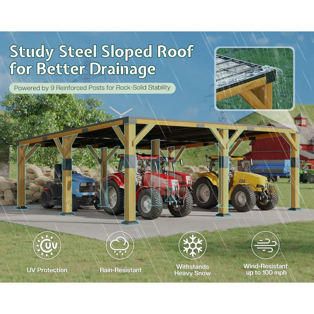 20 x 20 x 9.2 FT Cedar Wood Carport with Sloped Galvanized Steel Roof, Heavy Duty Shelter for 2 Cars, Trucks, Boats & Tract