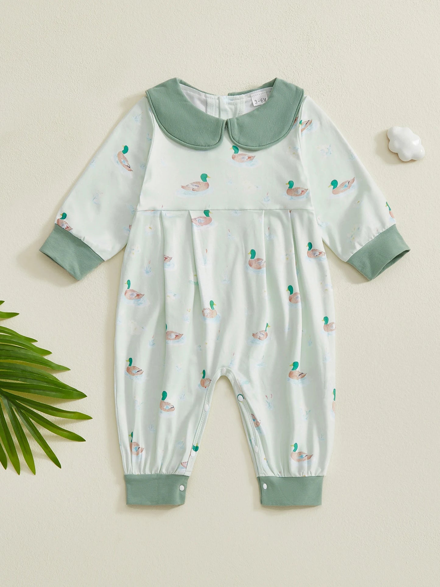 Adorable Infant Girls Autumn Playsuit with Cute Duck Pattern Peter Pan Collar and Cozy Long Sleeves for a Stylish Look
