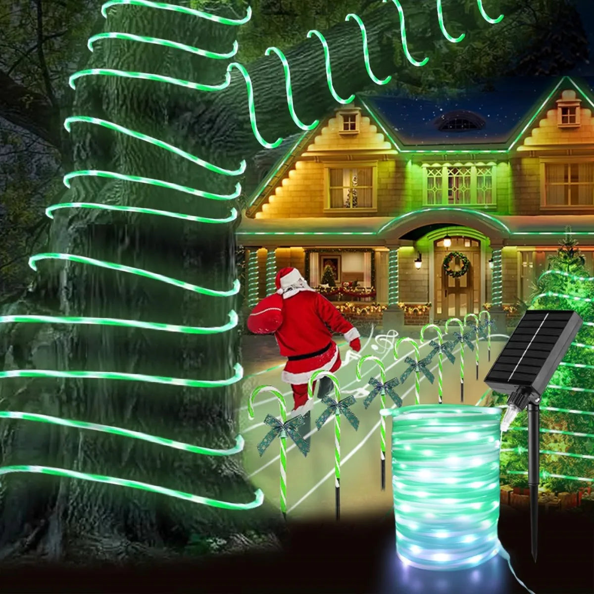 Green Solar Rope String 72ft Rechargeable 200led , 8 Lighting Modes, Suitable For Gardens, Weddings, Christmas Parties, And Diy