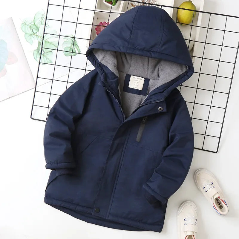 4-14 Years Boys Autumn Winter Hooded Parka Thickened Plus Velvet Warm & Cozy Outerwear Jacket