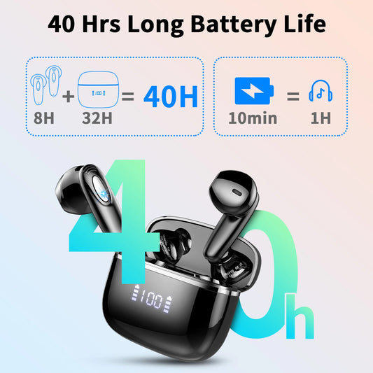 T19 Wireless Earbuds, Bluetooth 5.3, 4 ENC Noise Canceling Mic, 40H LED Display Charging Case, IP7 Waterproof in-Ear Earbuds.