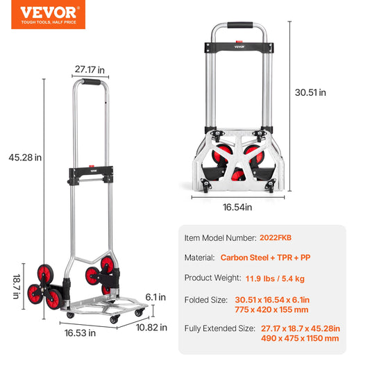260 lbs Folding Hand Truck with Telescoping Handle & 2 Elastic Ropes Stair Climbing Cart Dolly for Warehouse Moving