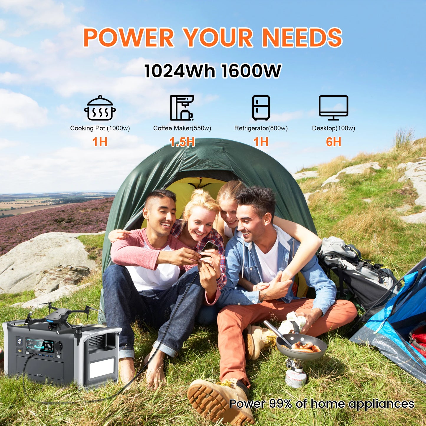 CTOLITY AP1000 1600W Portable Power Station 1024Wh Solar Generator LiFePO4 Battery Camping Travel Blackout Pure Sine Wave