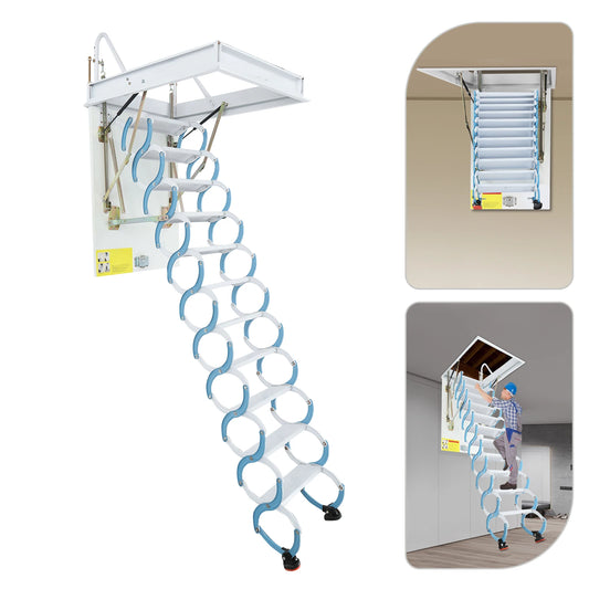 11 Steps Cold-rolled Steel Attic Ladder,70x100cm White/Blue Wall-Mounted Folding Stairs for Flat Roofs