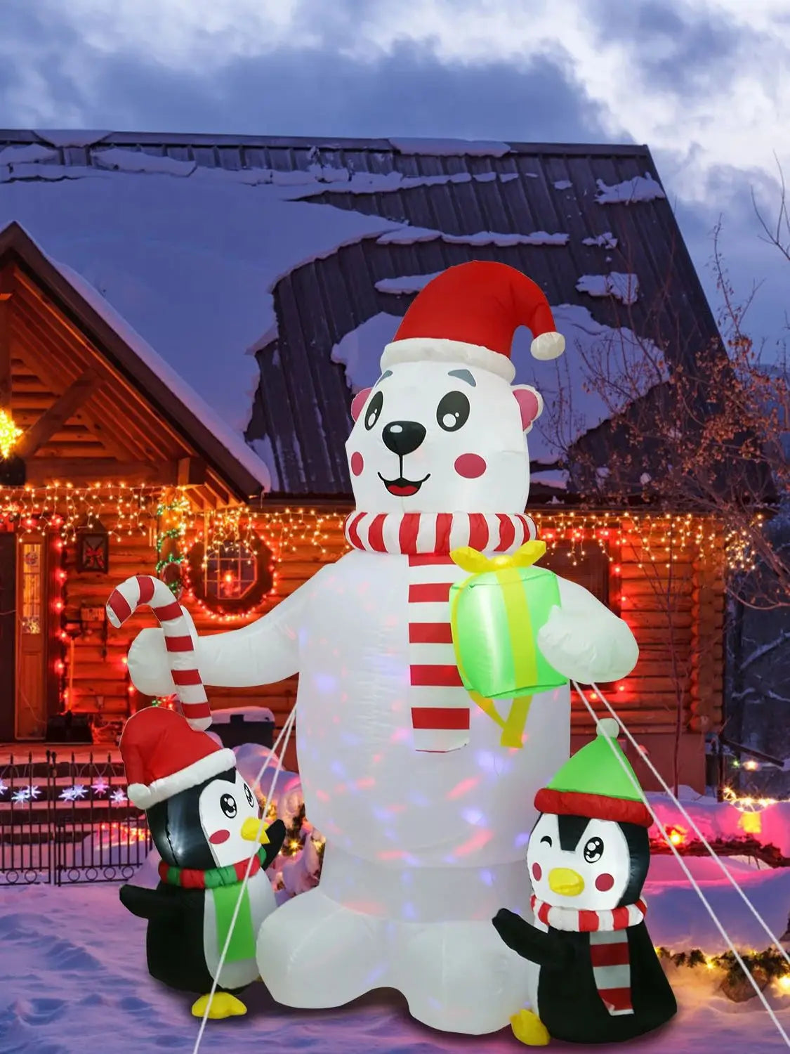 5.9 FT Christmas Inflatable Outdoor Decoration Polar Bear Gift Box Penguin Blow Up Yard Decoration with LED Light Built-in Air