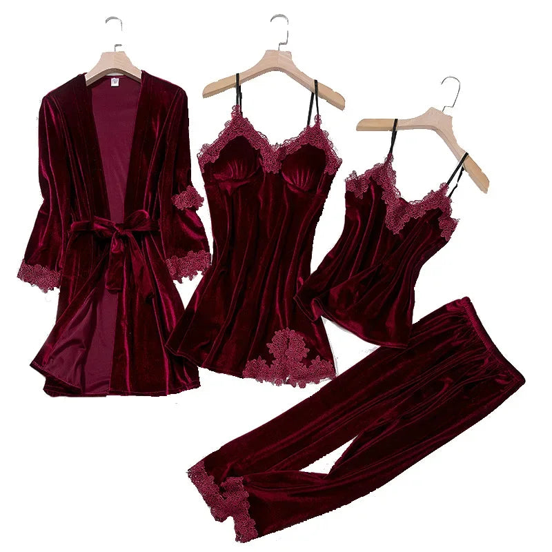 Casual Velour Home Clothing 4pcs Sleep Set Intimate Lingerie Women Pajamas Suit Long Sleeve Lace Velvet Homewear Pyjamas set