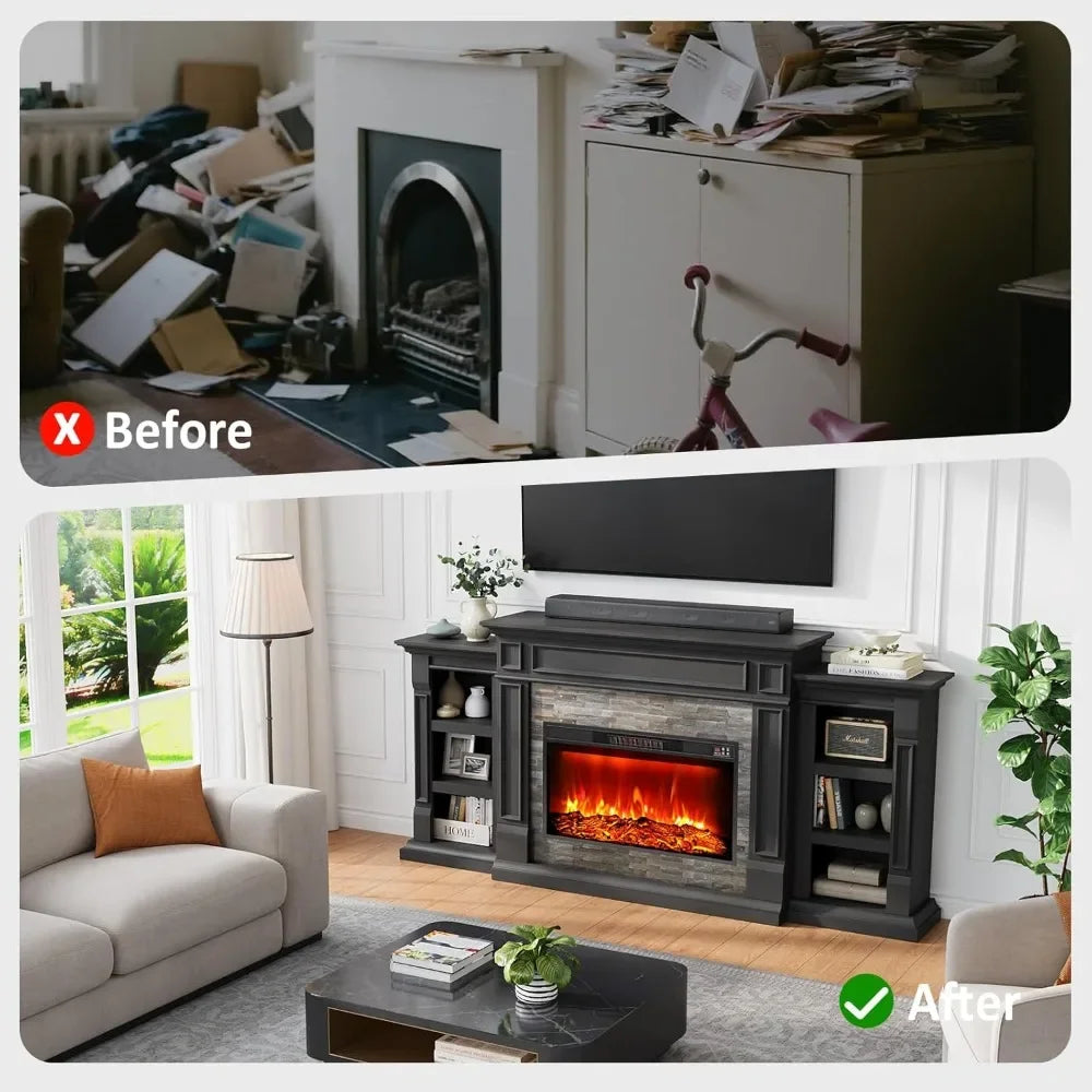 80" Electric Fireplace with Mantel and Cabinets, Fireplace TV Stand for Living Room Bedroom, 30in Realistic Flame Fireplace