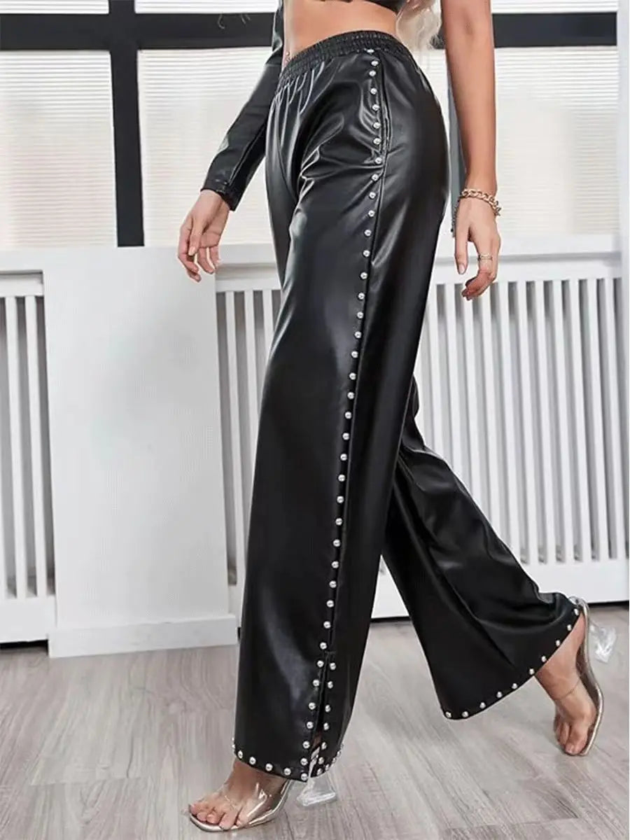 Women's black rivet wide-leg jeans, fashionable, punk style, casual, loose, denim long pants