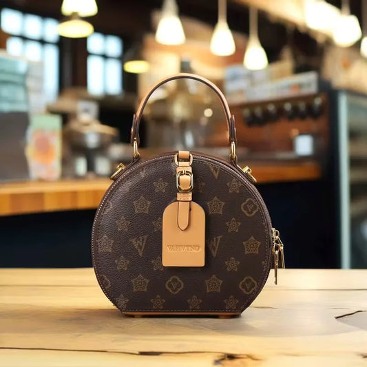 Vintage Floral Print Round Handbag for Women - Elegant Detachable Strap, Zipper Closure, Polyester Lined, White Leather-Like