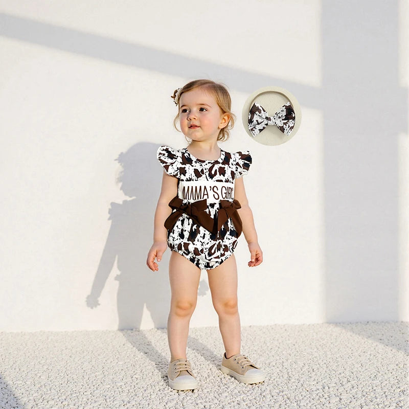 Cute Toddler Girl Mother s Day Romper with Floral Print Embroidered Letters Flutter Sleeves and Matching Bow Headband