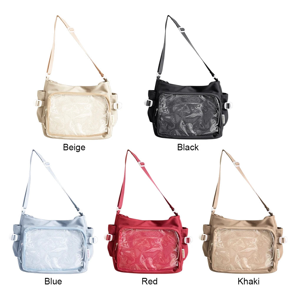 Women Shoulder Purse with Clear Window Teenagers School Bag Multi-pockets Adjustable Strap Chic Hobo Bag