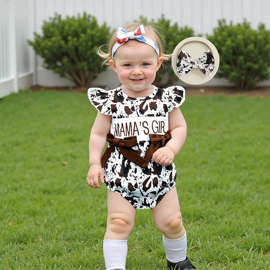 Cute Toddler Girl Mother s Day Romper with Floral Print Embroidered Letters Flutter Sleeves and Matching Bow Headband