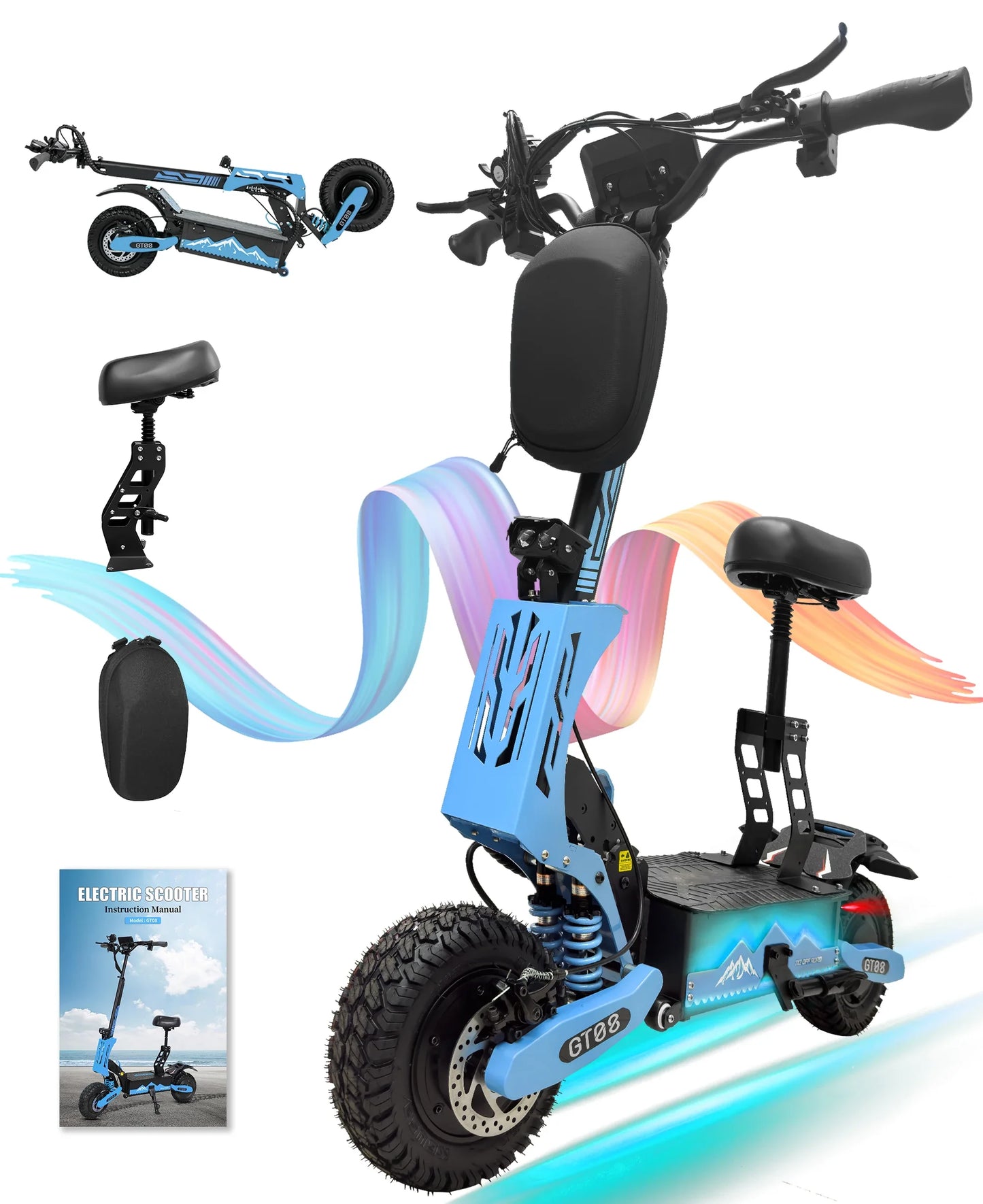GT08 5600 W Adult Electric Scooter Dual Motor Top Speed 50 MPH,60 V 27 AH, 11-inch Off-Road Tires Sport Folding e-Scooter with Seat