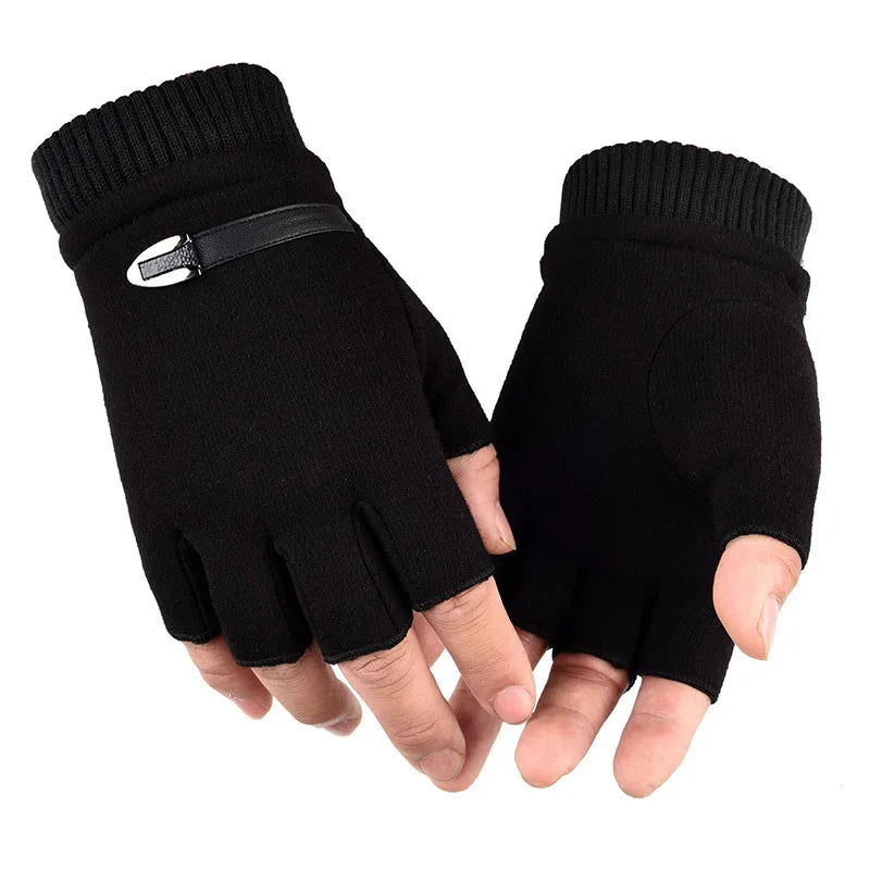 Autumn Winter Fleece Lined Half Fingers Gloves Men Male Outdoor Driving Riding Warm Fingerless Mittens Punk Hip Hop Gloves