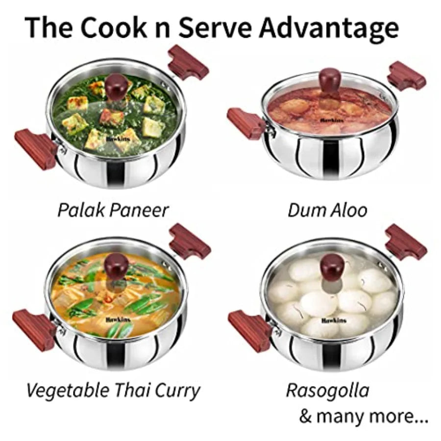 5 Litre Cook n Serve Handi Triply Stainless Steel Handi with Glass Lid Induction Sauce Pan Biryani Handi Saucepan Silver SSH50G