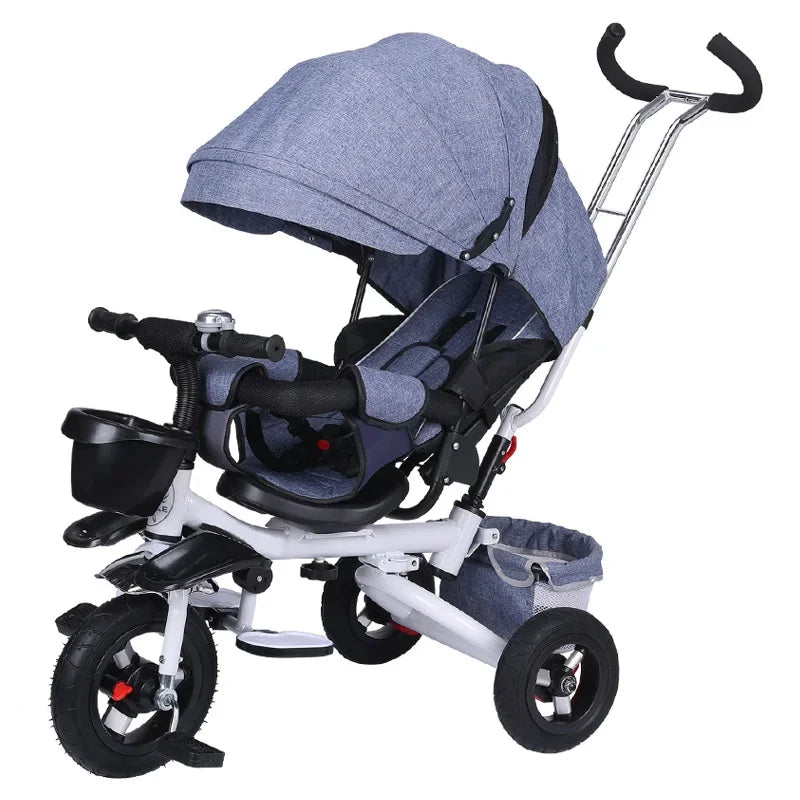 4 in 1 Folding Kids Trike Sit & Lying Portable Baby Stroller with Large Canopy Tricycle Dual Brake 3-Gear Adjustable Backrest