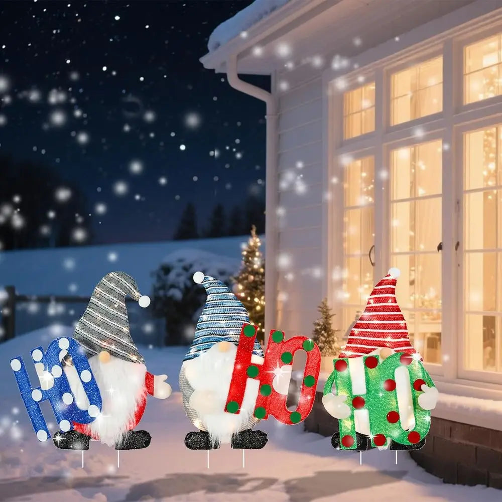 Illuminated 3-Piece Gnome Set for Outdoor Christmas, Tinsel Yard Stakes, 30 Ho Ho Ho Lighted Gnome for Home & Porch Decor