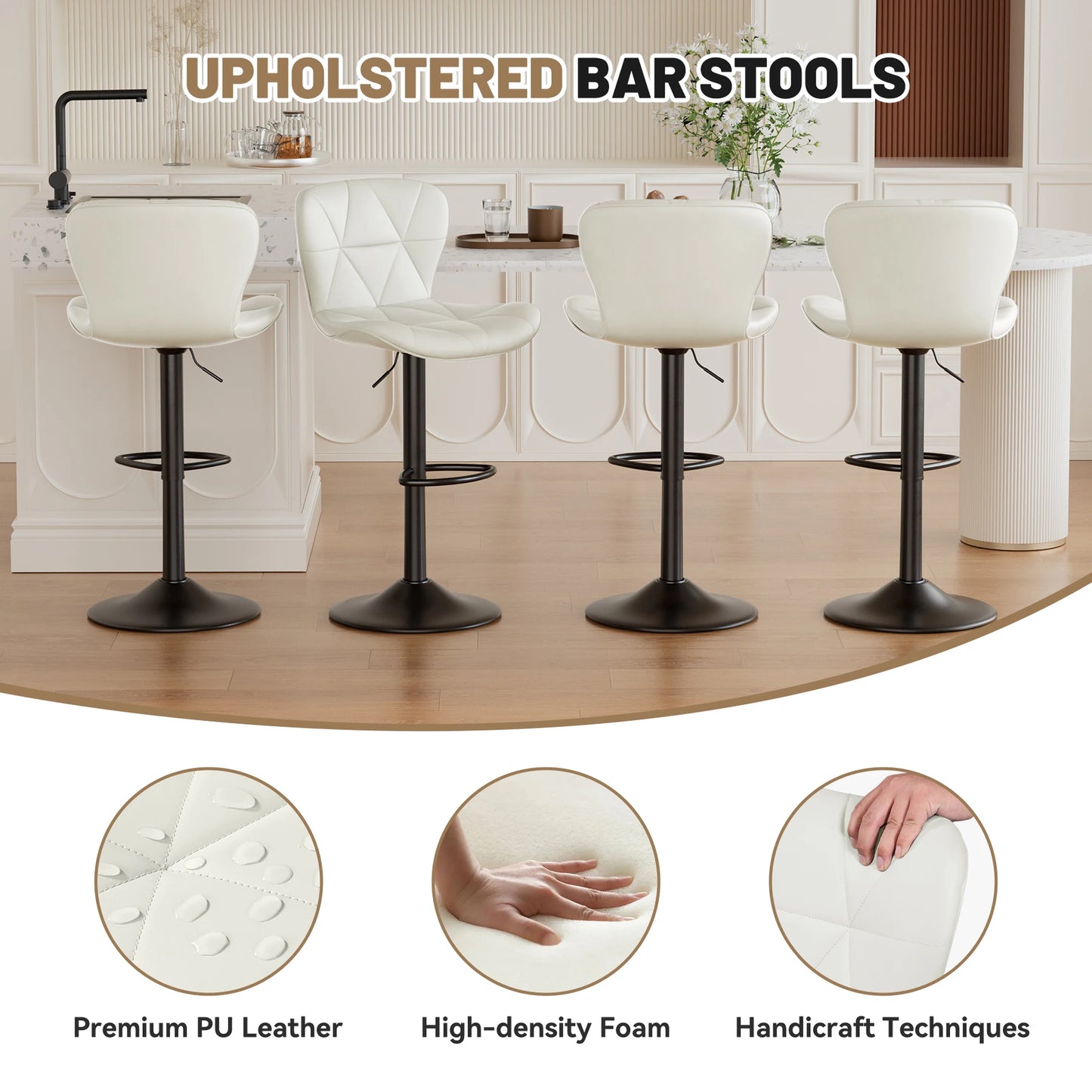 4 Piece Modern Bar Chair Set, Comfortable PU Leather, 360° Swivel Adjustable Height, Upholstered Kitchen Side Chair With Metal Legs