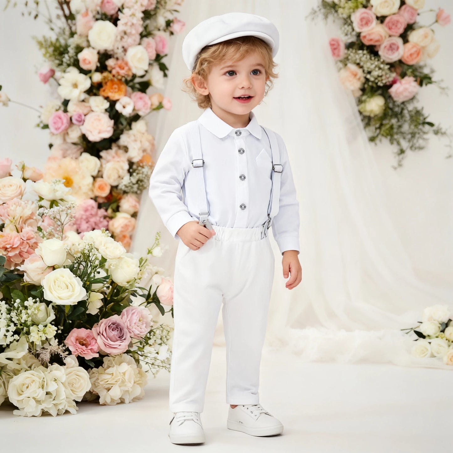 Baby Infant Baptism Suit for Boys Toddler Suspender Suit Formal Gentleman Flower Boys Wedding Clothes Set Newborn Outfit