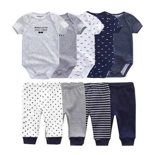 kiddiezoom 9 Pcs Unisex Newborn Clothing Sets100%Cotton Baby Bodysuit+Pant Baby Boy Girl Clothes Gift