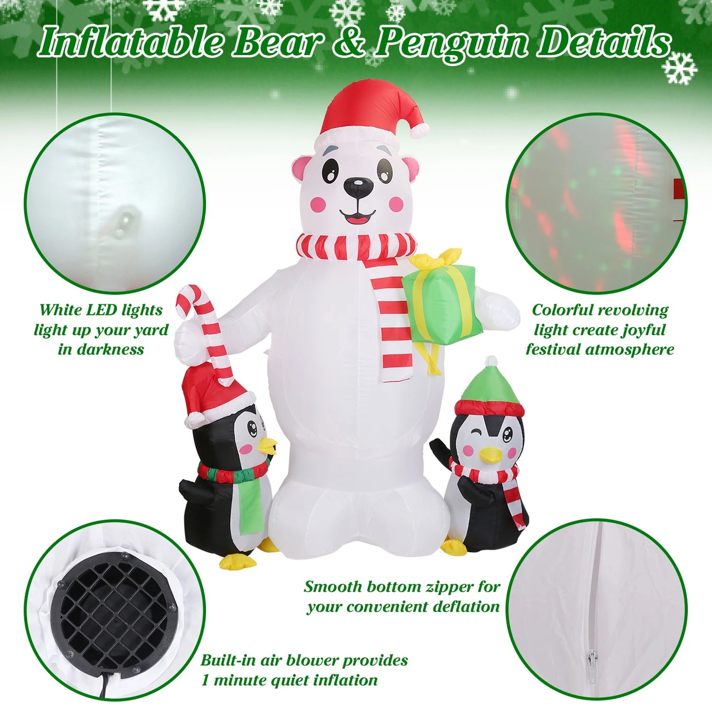 5.9 FT Christmas Inflatable Outdoor Decoration Polar Bear Gift Box Penguin Blow Up Yard Decoration with LED Light Built-in Air